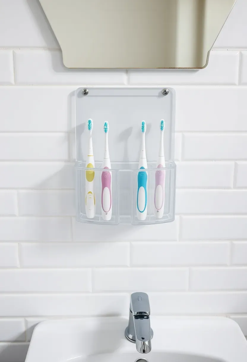 Wall-mounted clear acrylic toothbrush holder with separate slots for four toothbrushes above a bathroom sink