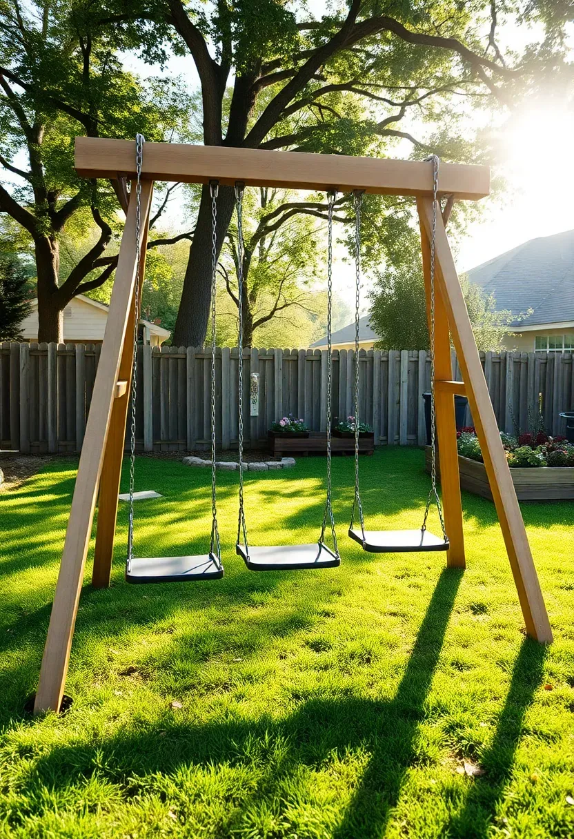 Wooden A-frame swing set with three swing positions, galvanized steel brackets, in a grassy backyard with fence in background