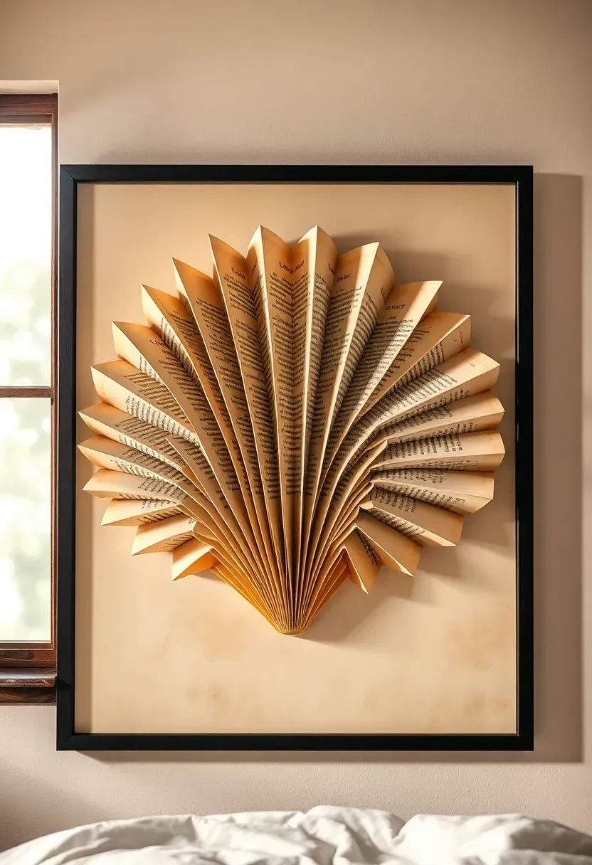 Upcycled book page wall art collage on canvas in a teen bedroom, vintage paper text background with botanical illustrations