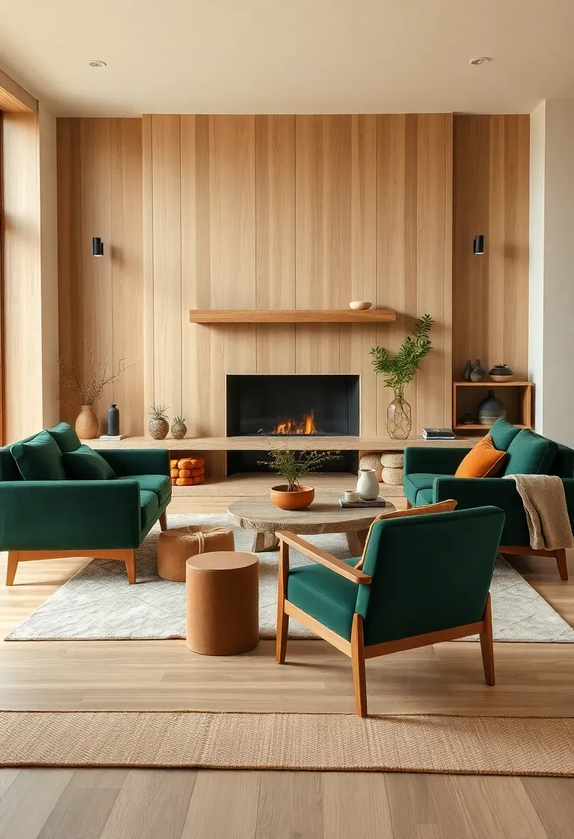 Fireplace-centered room with green sofa and twin chairs