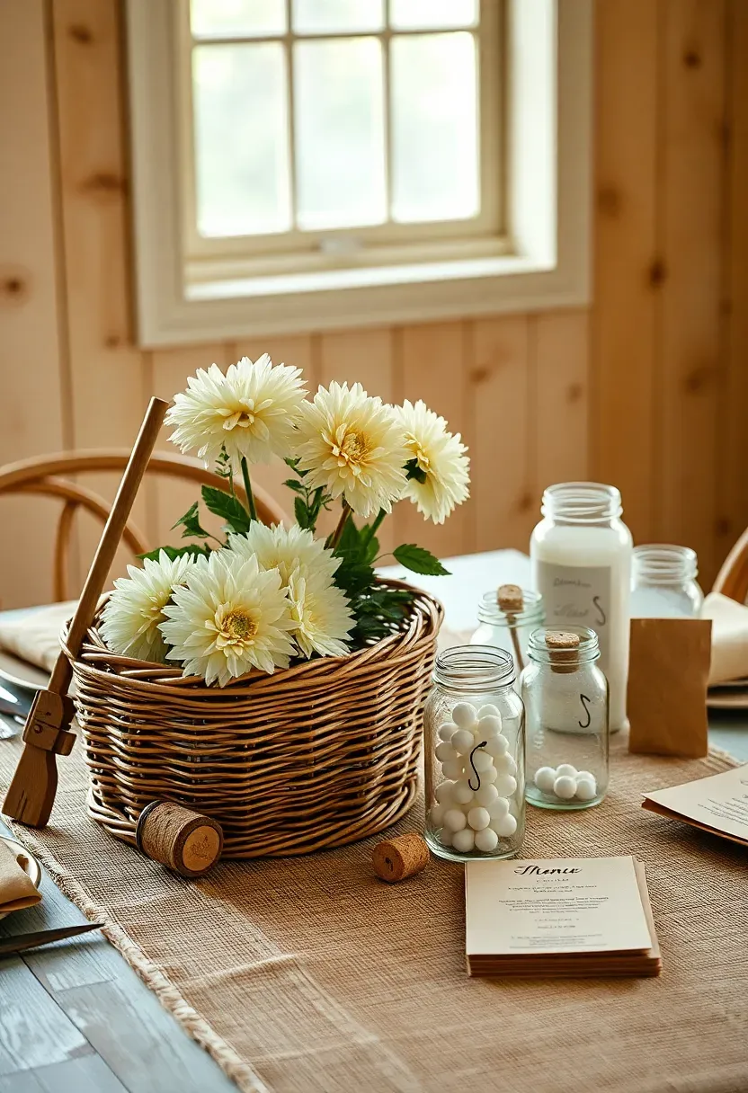 fishing themed baby shower table with wicker creel centrepiece, dahlias, fishing bobber jars, and burlap runner