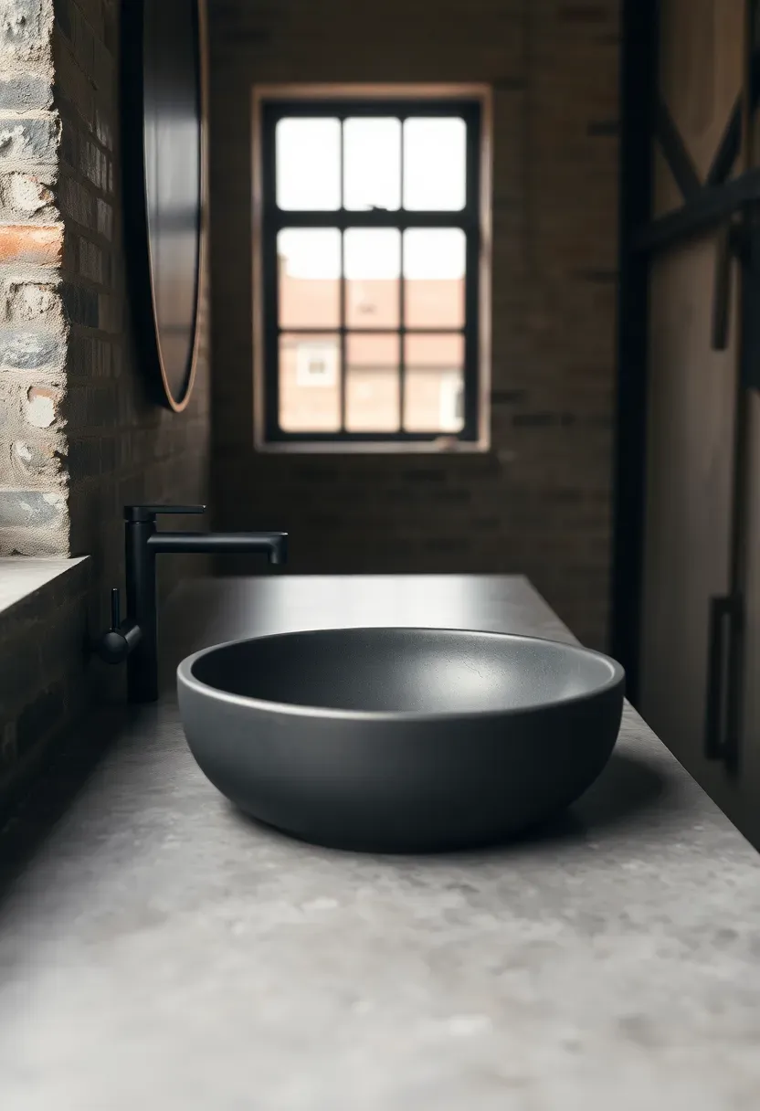 Industrial poured concrete bathroom countertop with a vessel sink and matte black wall-mounted faucet