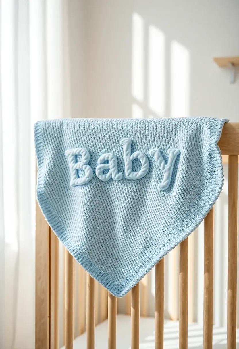 personalized baby name blanket in soft blue draped over a wooden crib