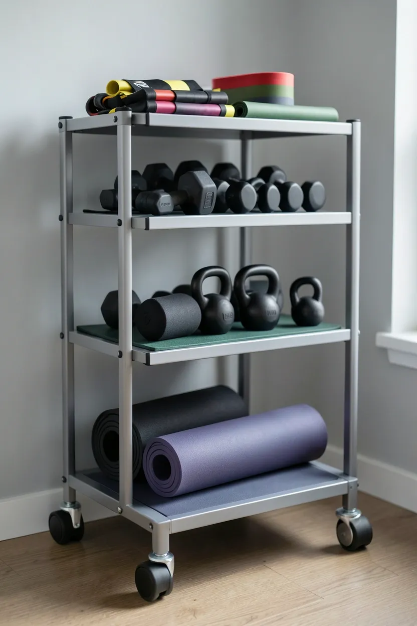 Three-tiered rolling cart with gym equipment organized by type — portable, renter-friendly storage solution for home workout spaces
