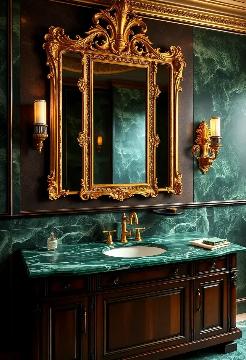 Opulent bathroom with malachite green marble vanity top, gold-framed mirror, and dark wood cabinetry