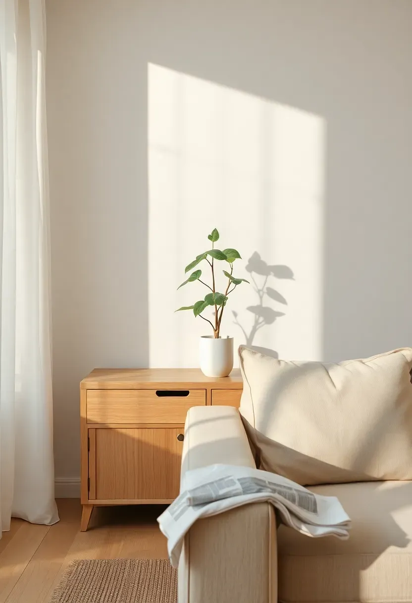 Warm minimalist living room with creamy white walls, natural oak furniture, a single potted fiddle leaf fig, and a linen-covered sofa