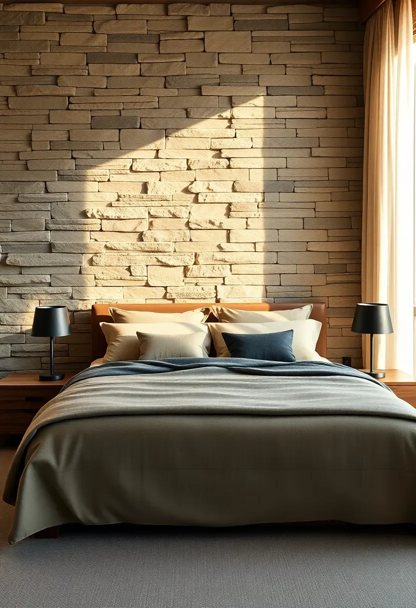 luxurious bedroom with a natural stacked stone veneer accent wall in warm gray tones behind a king bed with earthy linen bedding