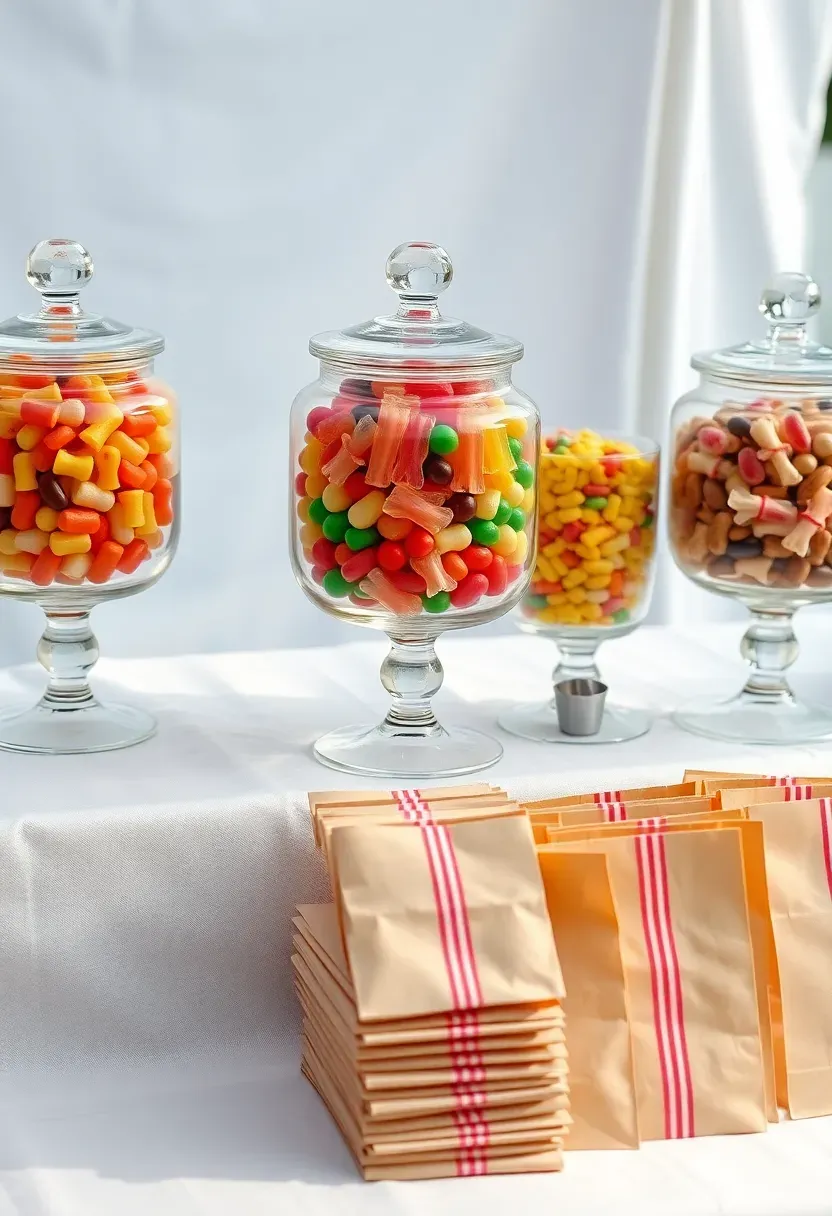A candy buffet station with glass jars filled with colorful sweets, paper bags, and scoops on a decorated table at a birthday party
