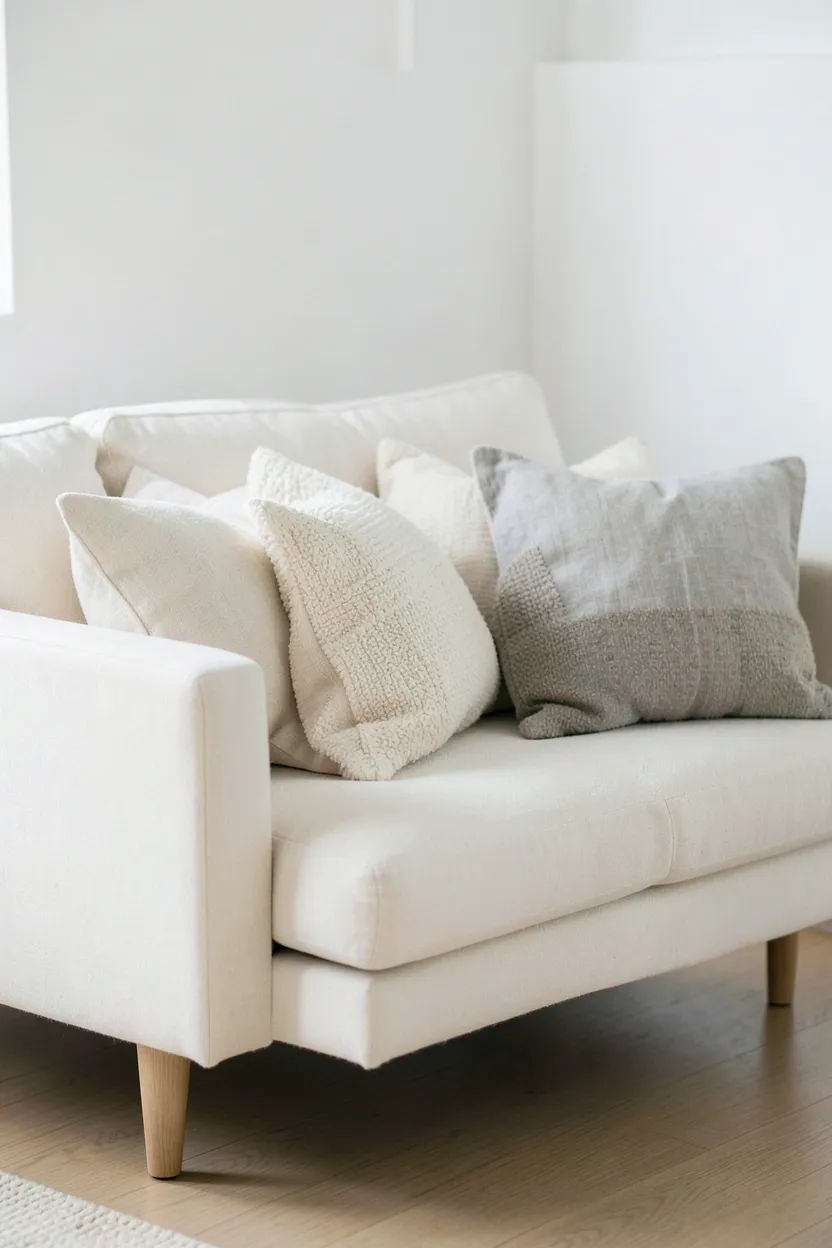 Cream and oat textured throw pillows in linen and chunky knit fabrics arranged on a minimalist sofa