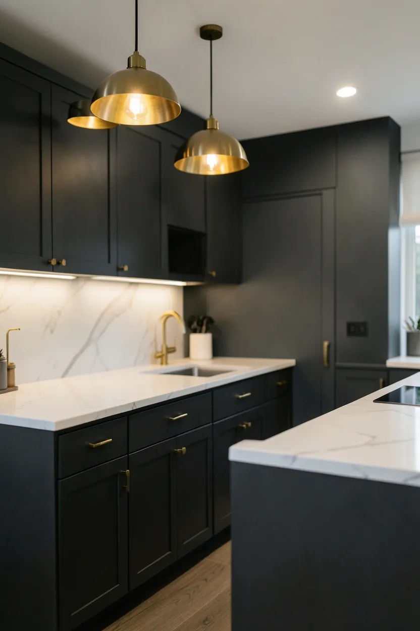 Hyper-realistic eye-level photograph of a modern kitchen with dark slate cabinets, brass hardware and pendant lights, white marble countertops. Walls in soft grey. Warm ambient lighting. Materials: slate finish, unlacquered brass, white marble. Luxurious mood. Shallow depth of field, sharp details on brass accents. No text, no logos, no watermarks.</p>