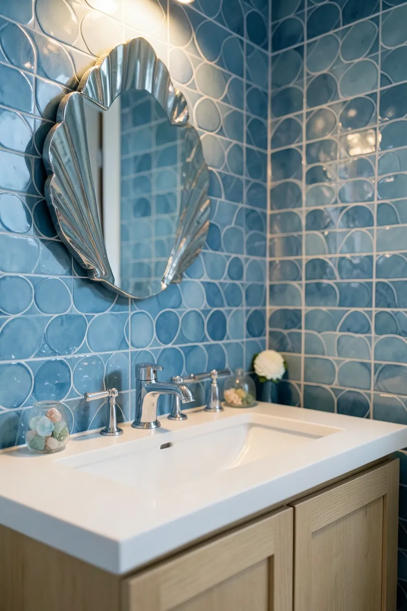 Toca Boca under the sea bathroom with turquoise fish-scale tiles, seashell mirror, and ocean-blue accessories