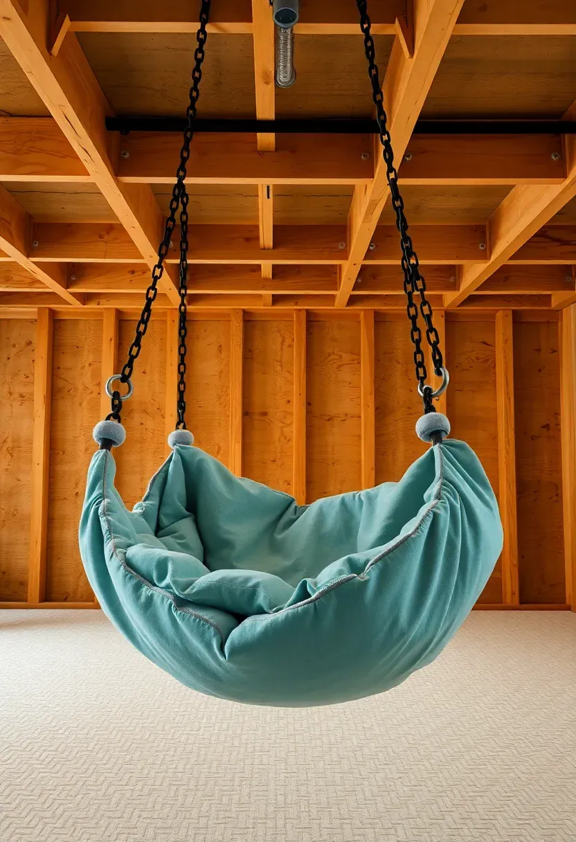 indoor swing hung from basement ceiling joists in bright playroom with padded floor below