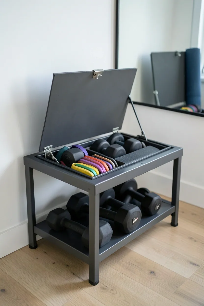 Compact storage bench with lift-top lid concealing resistance bands and accessories underneath — dual-purpose mini gym furniture for small spaces