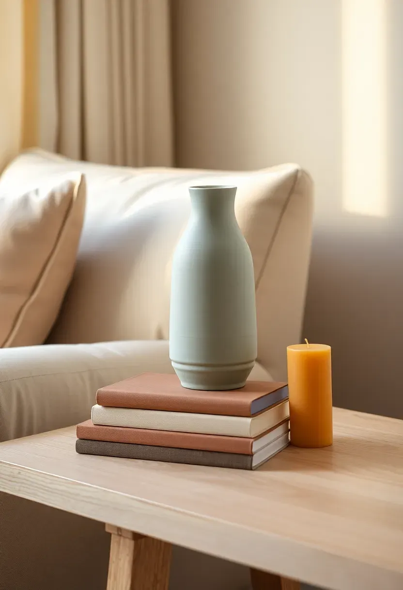 Rental living room side table styled with three objects of varying heights — a ceramic vase stacked books and a small candle forming a visual triangle