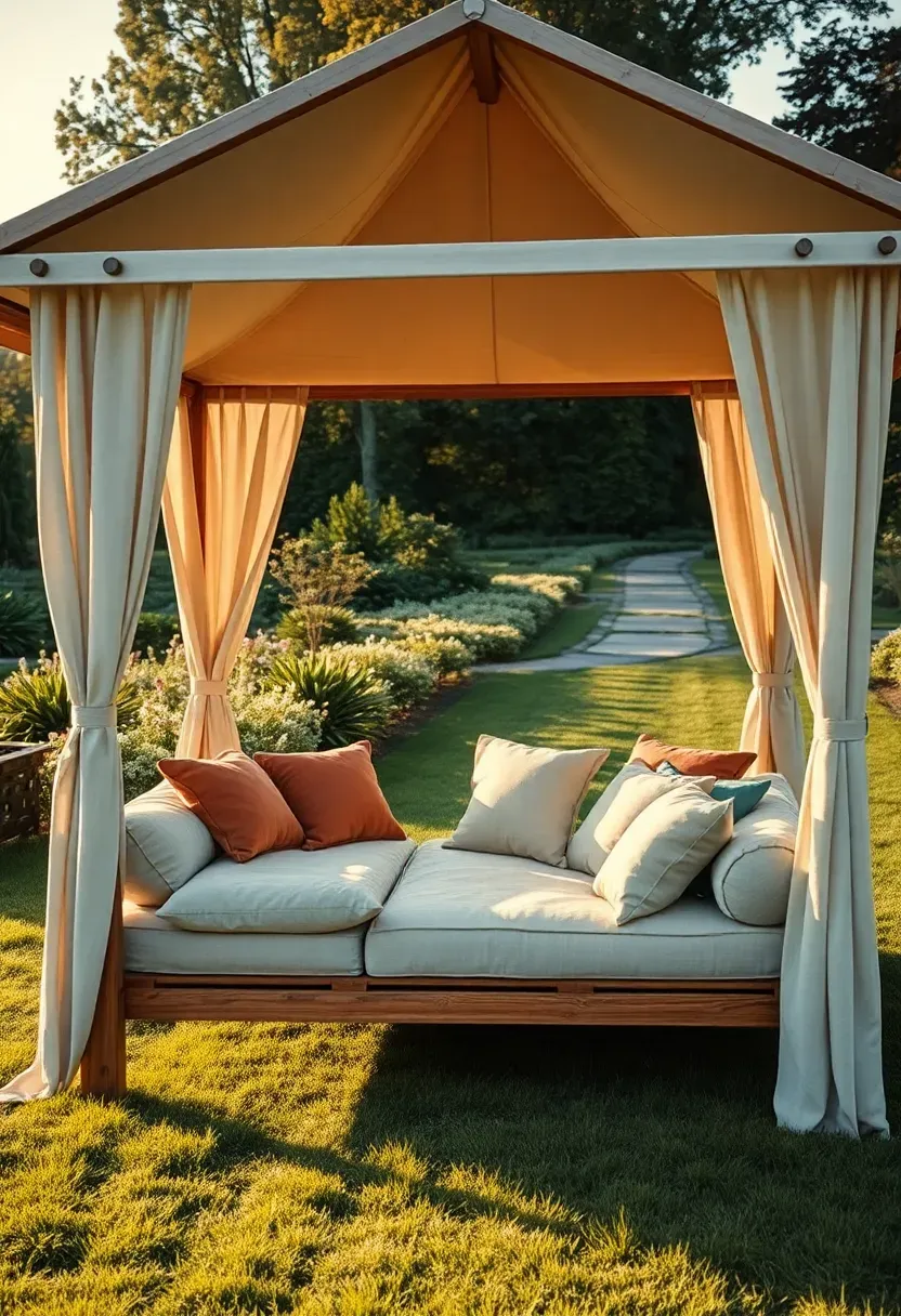 Open-air daybed pavilion in a garden with a peaked fabric roof, flowing linen drapes tied to wooden posts, and scattered throw pillows in earth tones