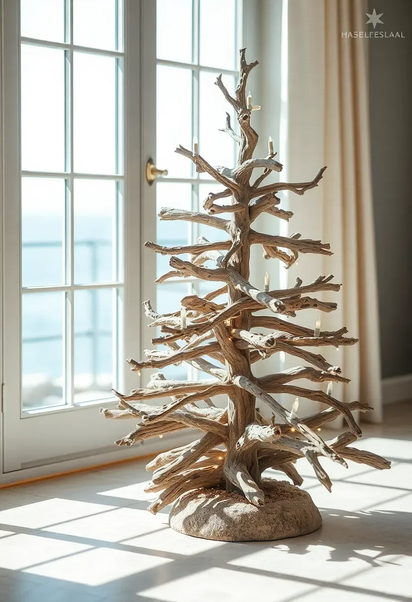 Hyper-realistic 3/4 view of a sculptural Christmas tree made from weathered driftwood branches arranged in tree shape, decorated with a few sea glass accents and warm white fairy lights. Materials: sun-bleached gray driftwood with natural wear, frosted green and white sea glass pieces, warm micro LED lights, stone or sand floor base. Bright daylight through window (5500K), creating natural shadows on light floor. Coastal mood, shallow depth of field with driftwood texture details sharp, visible room context with ocean view. No text, no logos, no watermarks.</p>