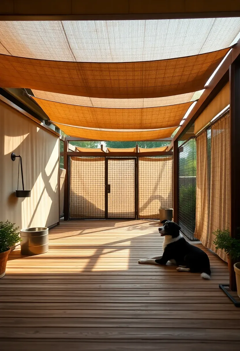 Covered outdoor patio with composite teak decking, canvas pergola panels, corner steel pet playpen, built-in water bowl, and border collie lounging in shade