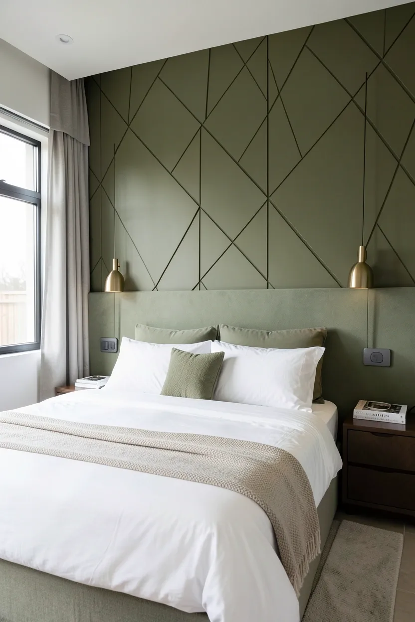 Olive green bedroom with mustard yellow throw pillow accents, warm autumnal color palette with natural linen bedding