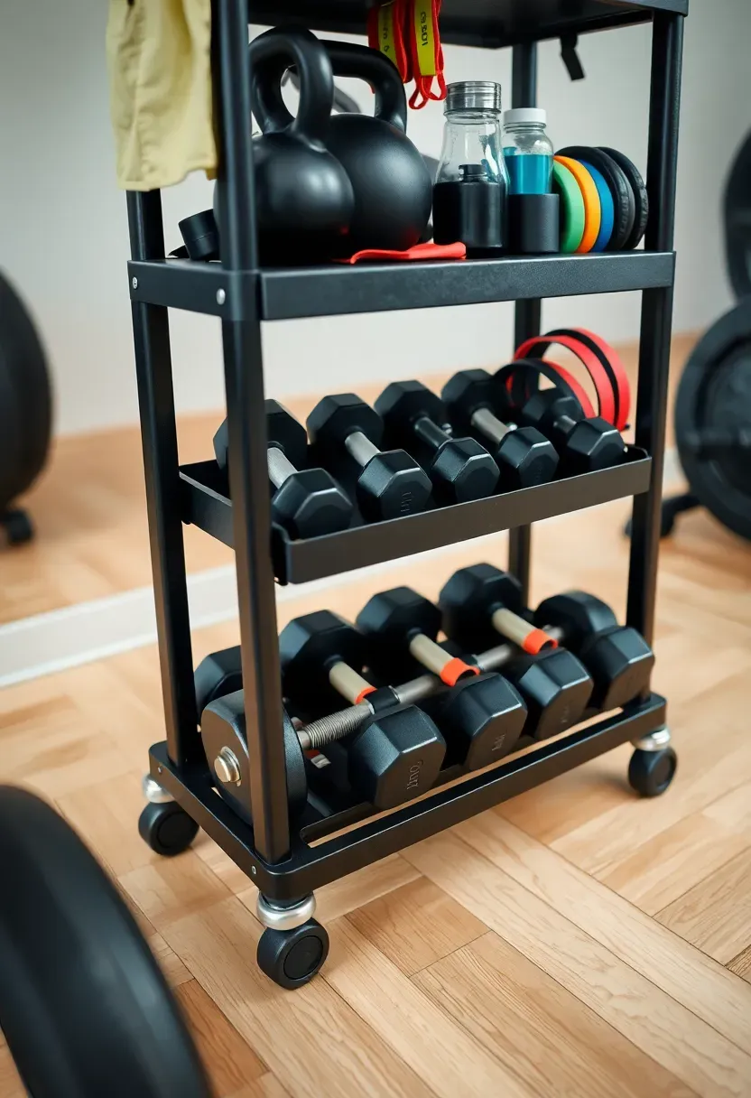 Multi-tier workout equipment cart on locking casters with graduated shelves holding weights, kettlebells, and accessories in a rental home gym