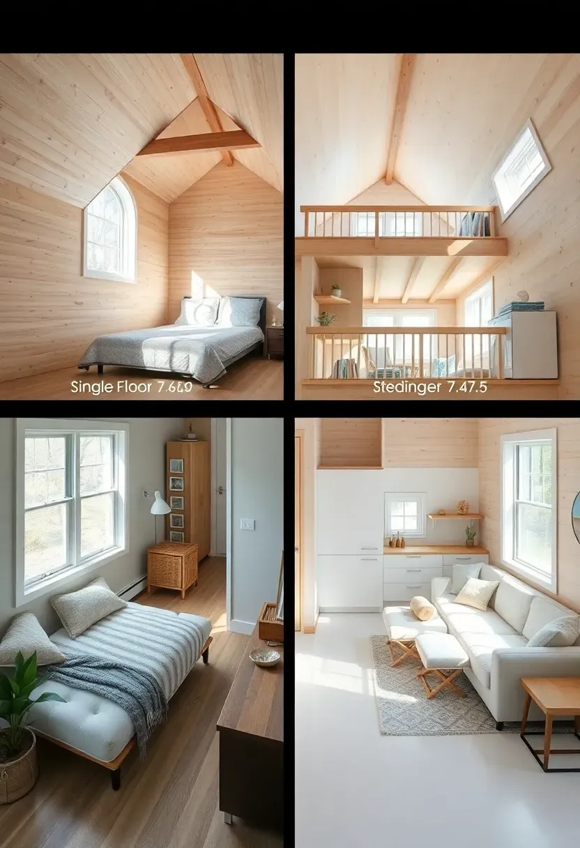 Hyper-realistic split view comparison: left side shows single-level tiny house interior with main floor bedroom, living area, and kitchen all on one level; right side shows multi-level design with sleeping loft above main living area. Both layouts labeled with approximate square footage. Bright natural lighting, clean minimalist design in both. Materials: light wood, white surfaces. Clear comparison mood. Equal visual weight to both designs. No text, no logos, no watermarks.</p>