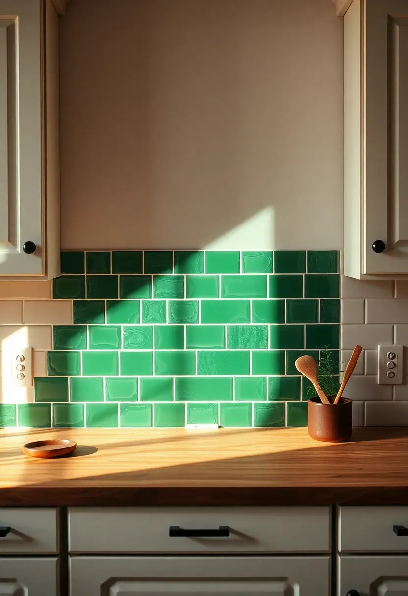 emerald green glazed ceramic backsplash tile in a kitchen with white painted cabinets and butcher block countertops