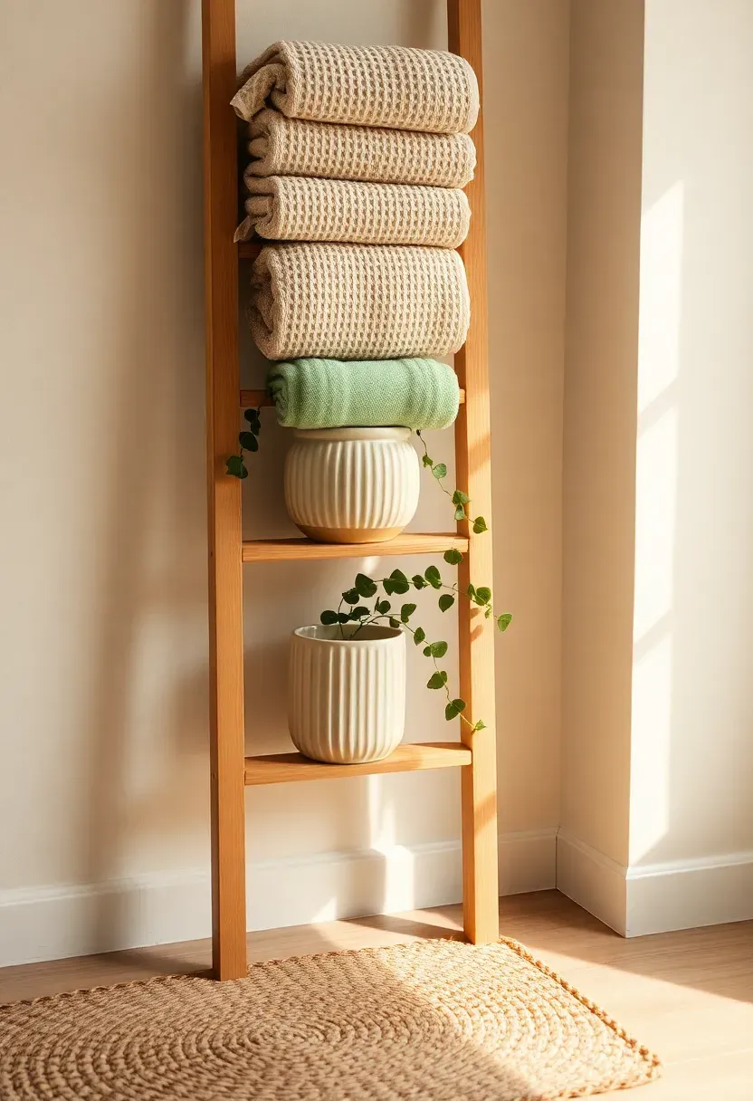 Neatly folded stack of oat-colored waffle-weave towels on a slim wooden towel ladder beside a rental bathroom bathtub, with a ribbed cotton bath mat and small ceramic pot of trailing ivy below