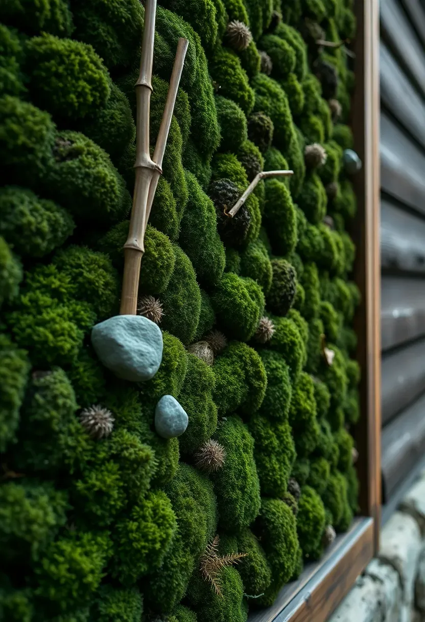 Wabi-sabi moss wall backdrop in a Japanese garden with a vertical panel of dense green moss, small embedded stones, and a single dried bamboo stem