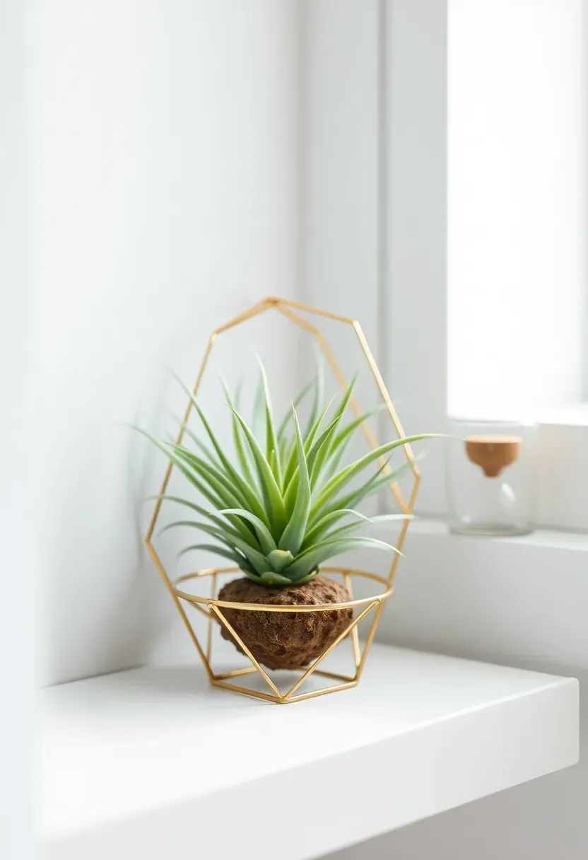small air plant in a geometric gold wire holder on a white shelf with soft window light