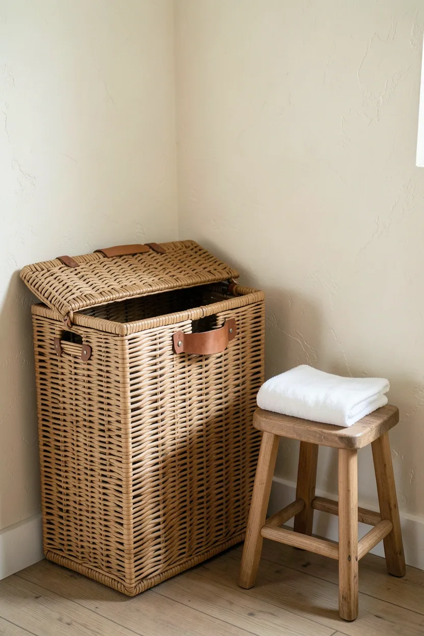 Hyper-realistic eye-level photograph of boho bathroom corner showing wicker laundry hamper with woven rattan construction and leather handle straps, lid slightly ajar, cream plaster wall background, small wooden stool beside, white towel folded on top of stool. Natural light. Materials: natural rattan wicker, leather straps, wood. Textured functional boho storage. Authentic woven texture. No text, no logos, no watermarks.</p>