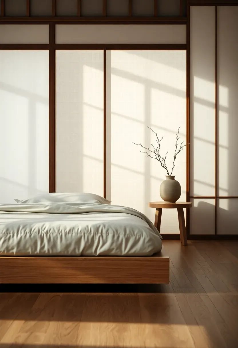 japandi style adult bedroom with a low wooden platform bed shoji screen room divider neutral bedding and a single ceramic vase