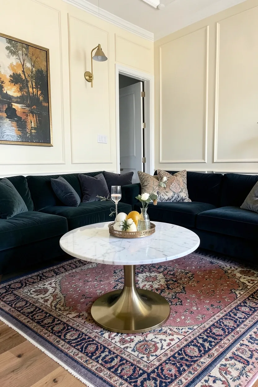 Round brass-framed glass cocktail table anchoring a curved sofa grouping in a modern luxury apartment living room