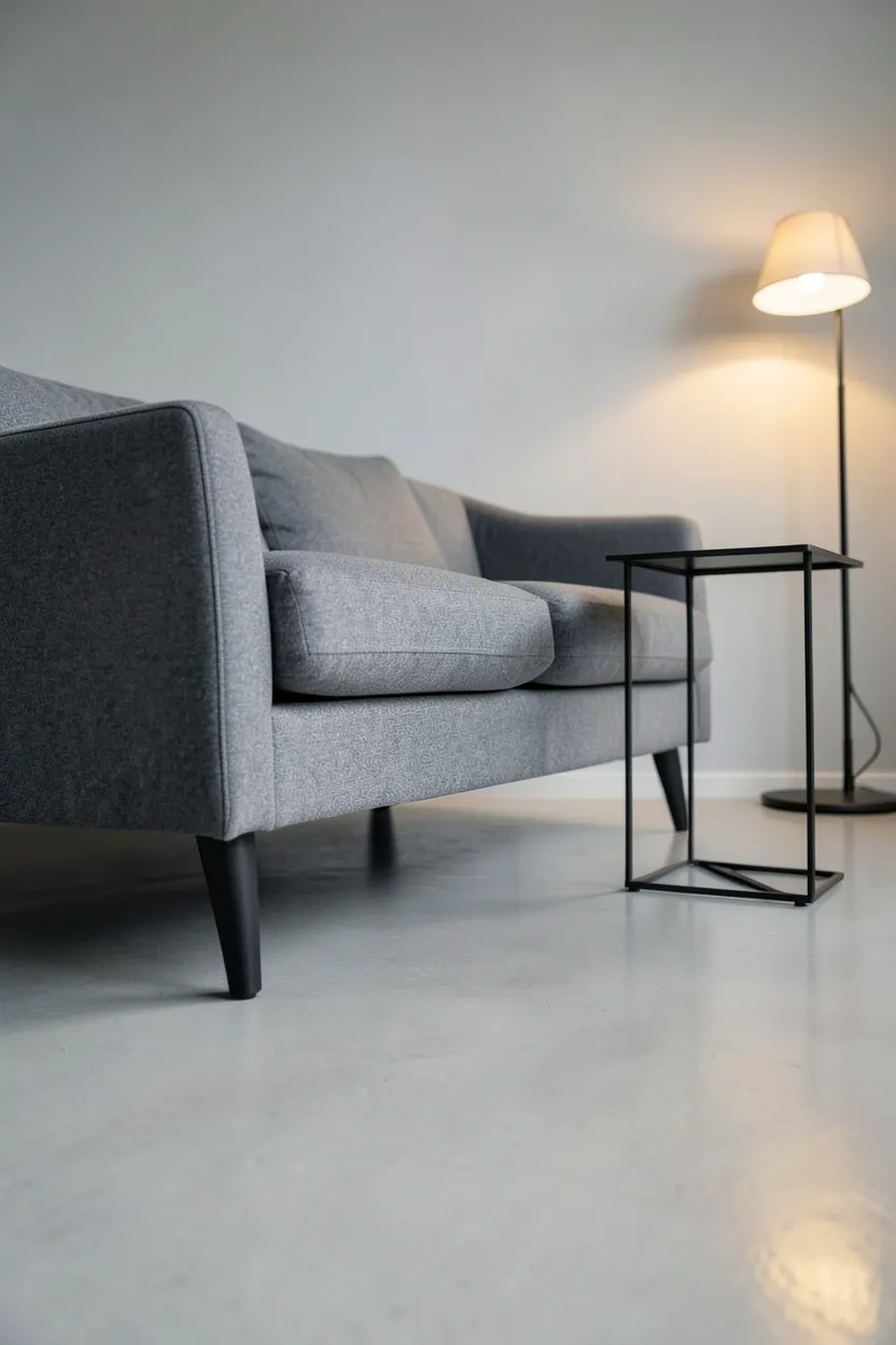 Large floor-to-ceiling windows with black metal curtain rods and natural linen curtains in an industrial minimalist apartment living room flooded with natural light