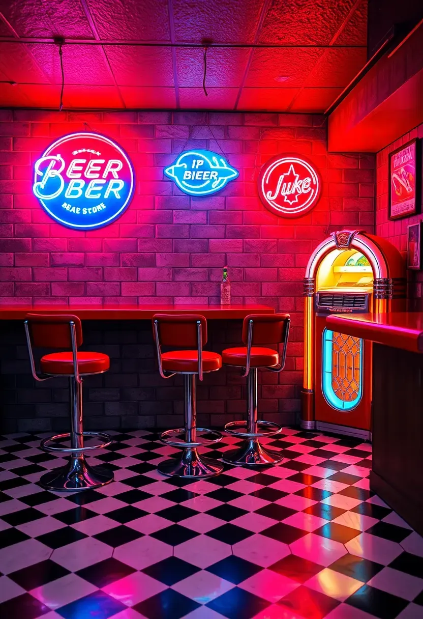 Retro 1980s-style basement bar with neon beer signs, checkered floor tile, chrome bar stools, and a jukebox in the corner