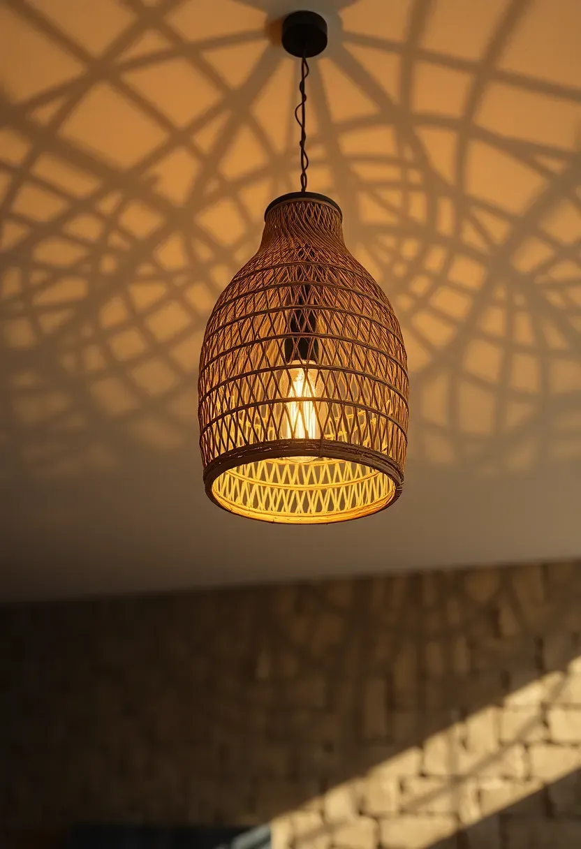 Single large pendant light with a rattan shade hanging over a basement seating area providing warm downward illumination