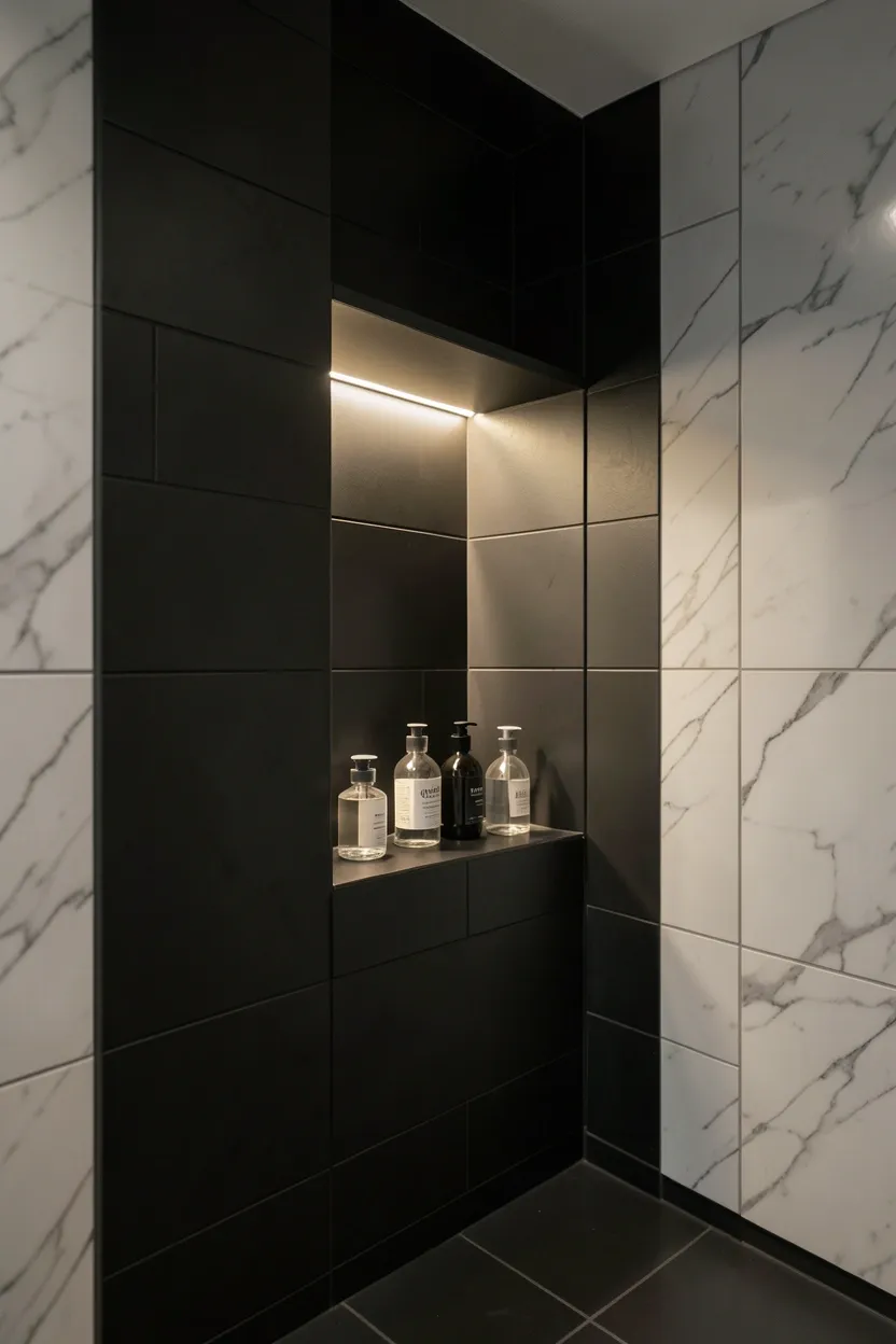 Illuminated black tile shower niche with LED strip lighting at eye level — dramatic recessed storage in a modern black shower