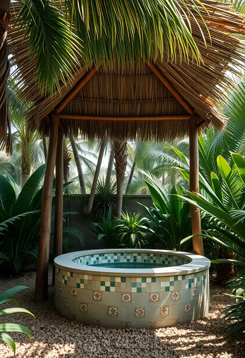 A tropical backyard spa surrounded by tall palm trees and lush ferns with a thatched palapa structure providing shade overhead