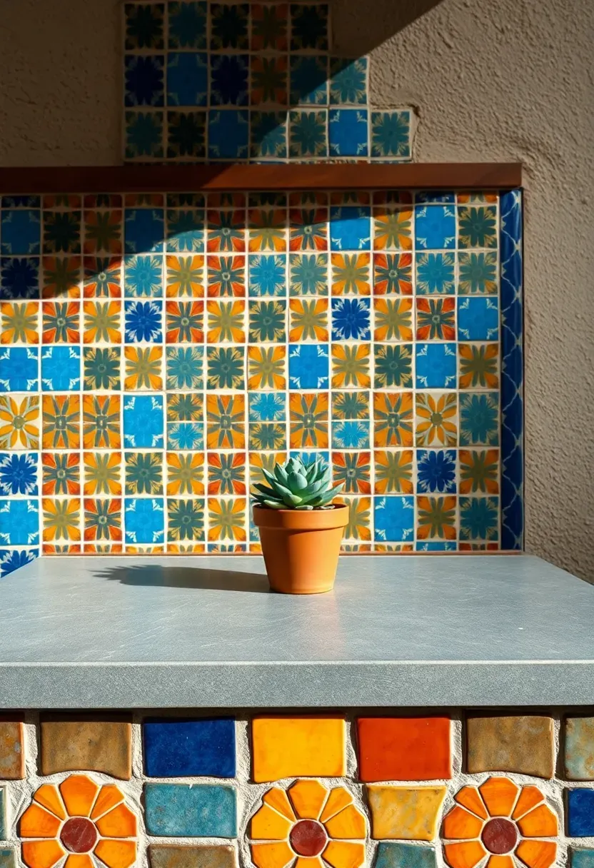 Outdoor kitchen counter with colorful handmade ceramic tile mosaic in blue and terracotta patterns on the front face