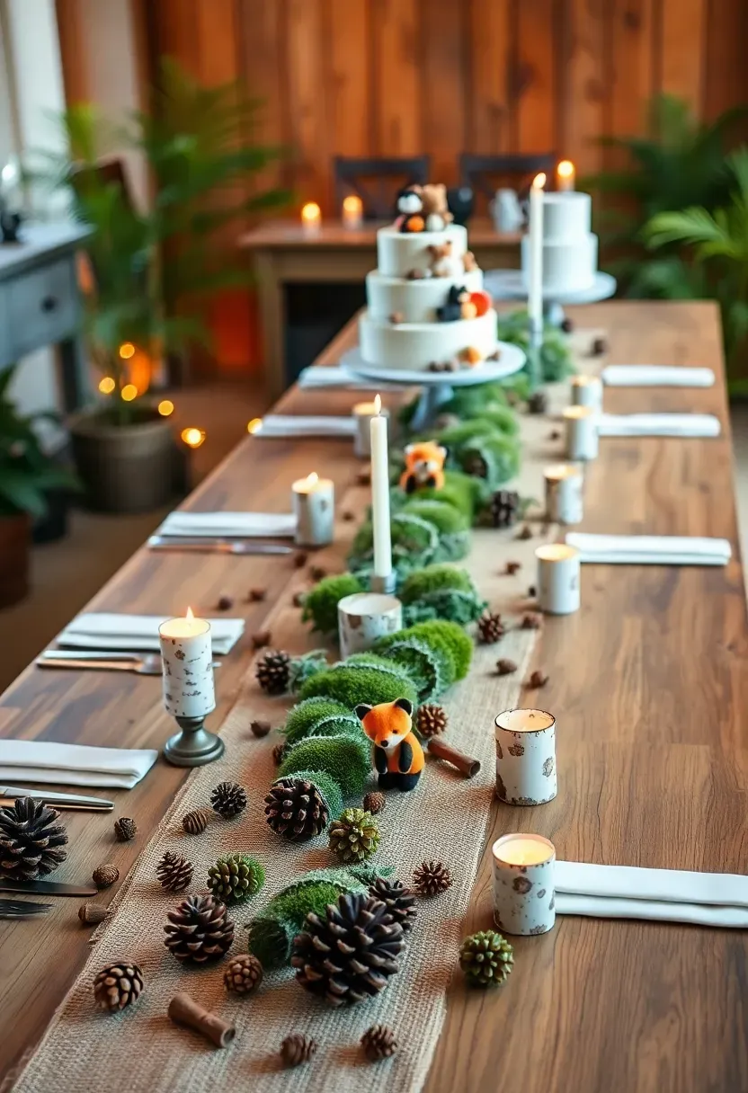 woodland creature baby shower with plush foxes mushrooms and greenery on a rustic table