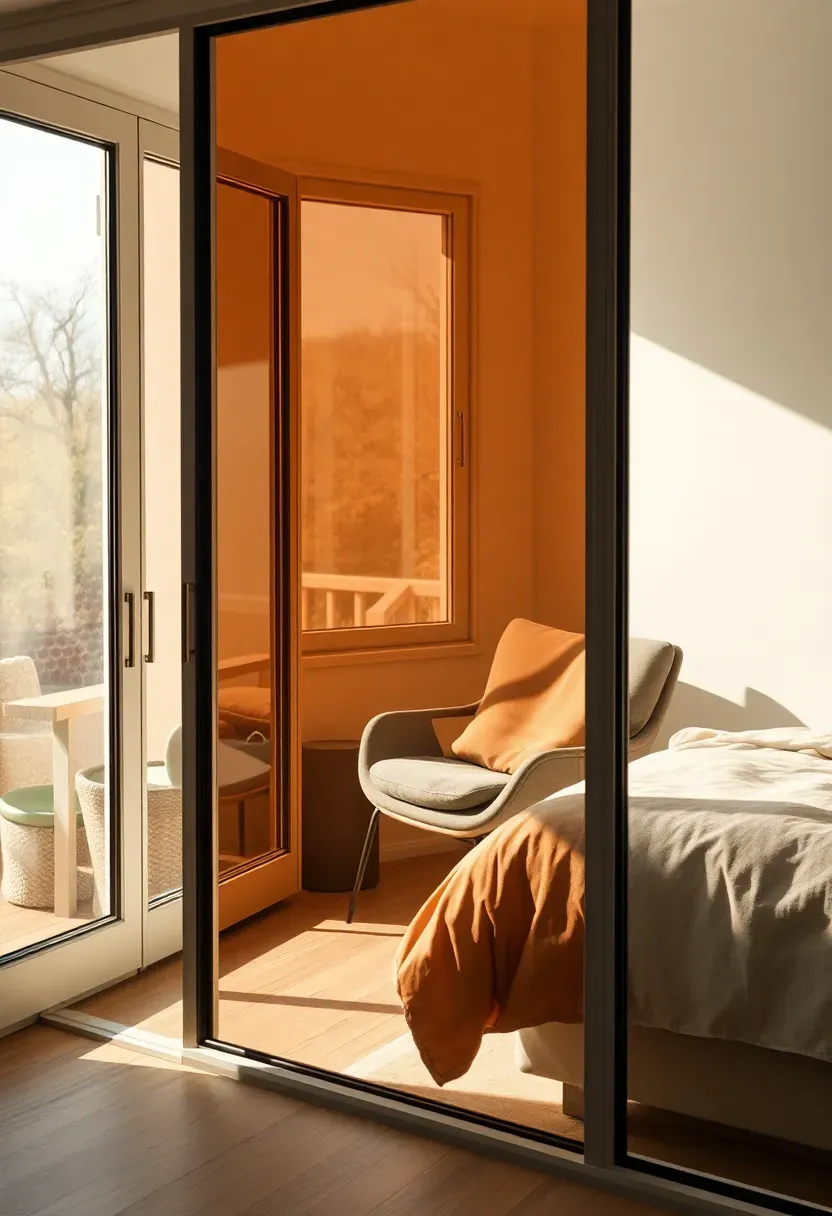 Close-up of sunroom window with subtle tinted UV film applied, soft light entering, bedroom with bed and reading chair visible through the filtered glass