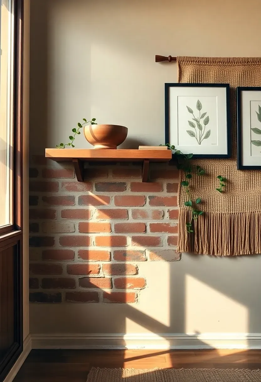 Eclectic living room accent wall combining a section of exposed brick, a floating wood shelf with ceramics, a woven tapestry, and two framed prints