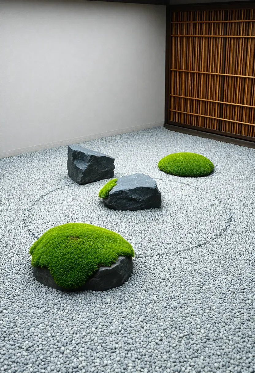 Traditional Japanese karesansui dry rock garden with raked white gravel, carefully placed granite stones, and clipped moss mounds in a walled enclosure