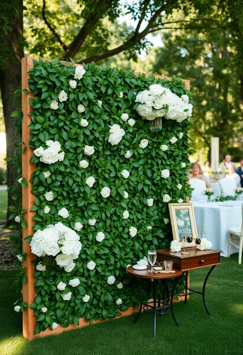 A photo booth backdrop wall at a backyard wedding made of a wooden frame covered in greenery and white flowers with props on a small table beside it