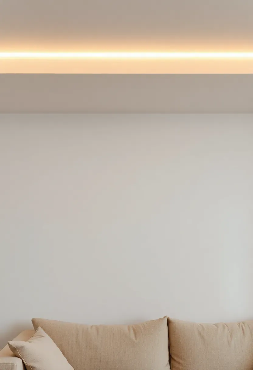 Hyper-realistic wide view of minimalist living room ceiling-wall junction showing linear LED cove lighting effect. Continuous soft warm light washes across upper wall and ceiling from hidden recessed channel, creating gentle gradient illumination. White walls and ceiling, cream linen sofa below. No visible light sources—only the glowing wash effect. Materials: painted plaster surfaces, LED strip lighting with diffuser. Ambient room illumination from ceiling wash. Clean architectural detail. Shallow depth of field, sharp details on light gradient and wall texture. No text, no logos, no watermarks.</p>