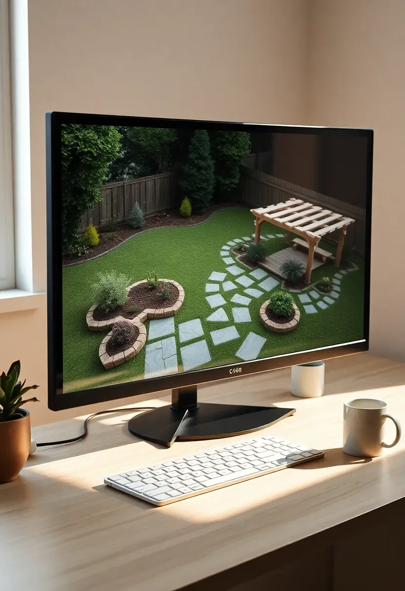 3D model of a backyard with raised garden beds and stone patio created in SketchUp Free on a computer monitor
