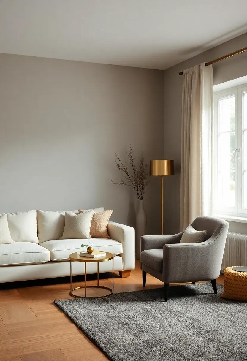 Hyper-realistic 3/4 view of living room with warm gray walls showing subtle brown undertones, oak flooring, cream sofa, warm gray accent chair, brass lamp, wool rug in darker warm gray. Materials: warm gray matte paint, light oak, cream and gray upholstery, brass, wool. Natural daylight from window with linen curtains, creating warm gray tonal range with brass and oak highlights. Sophisticated neutral mood. Composition showing gray as unifying backdrop. Sharp details on paint color depth and fabric textures. No text, no logos, no watermarks.</p>