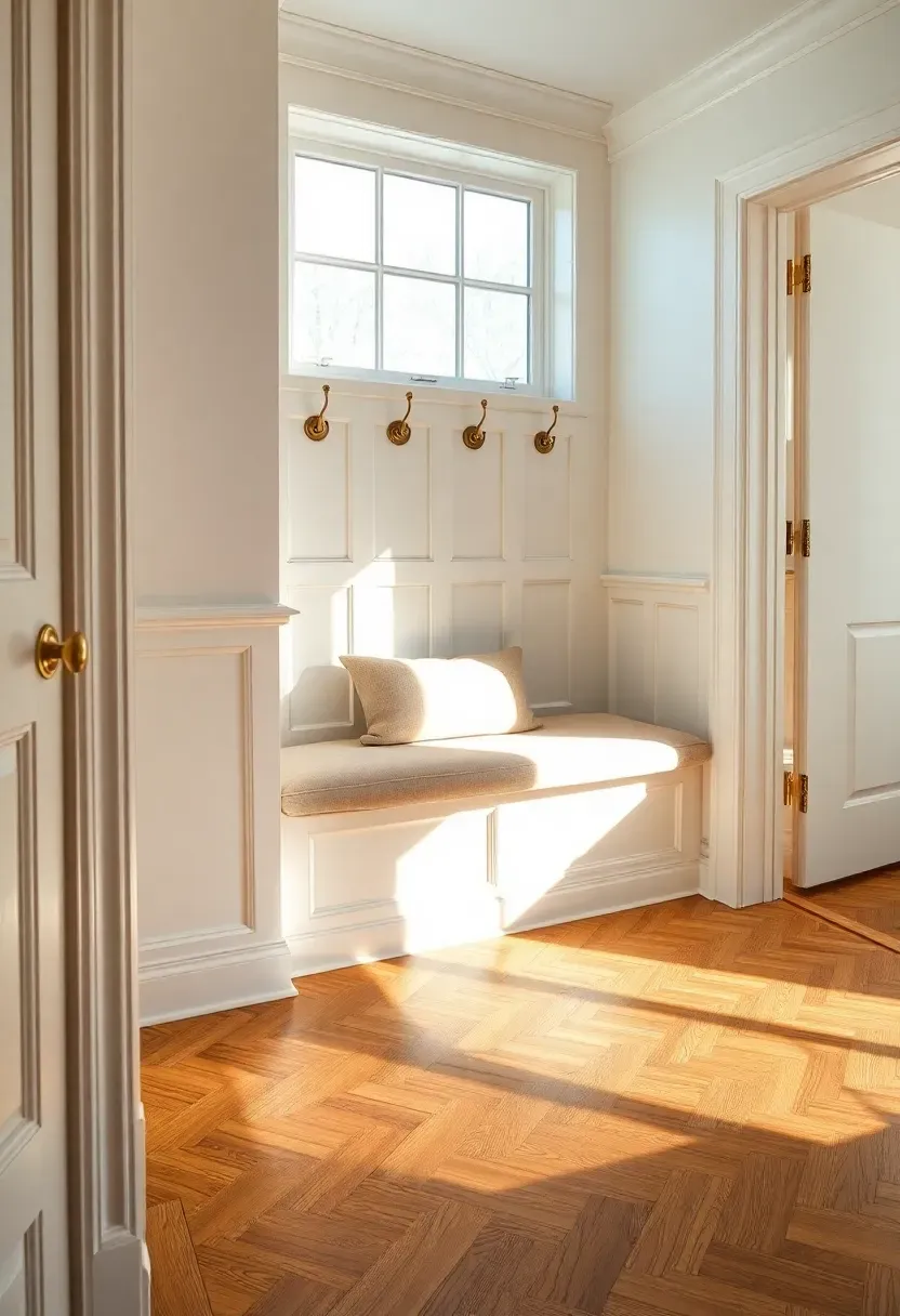 Traditional entryway with white wainscoting panels, built-in bench seat with cushion, coat hooks above, and herringbone wood floor