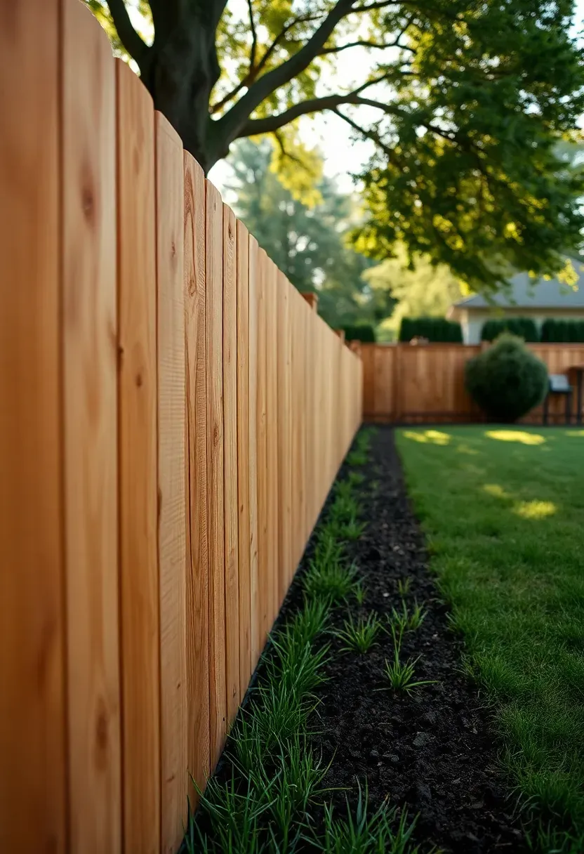 Horizontal cedar plank fence with natural grain visible, set against a green lawn and mature landscaping