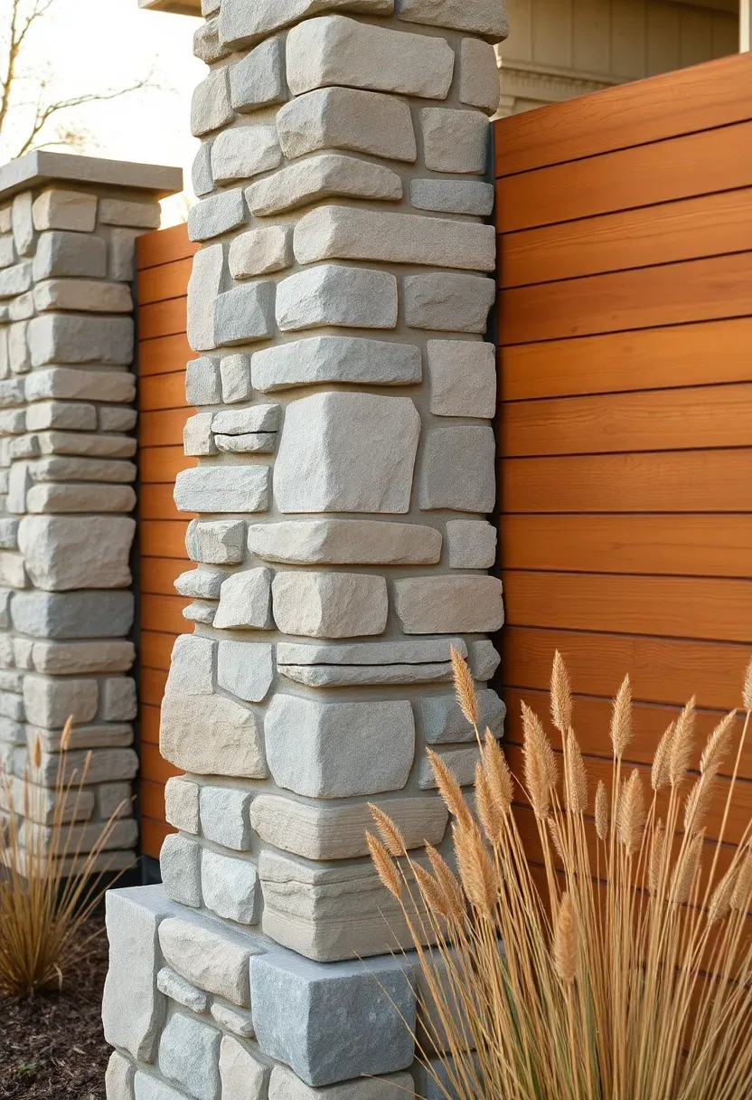 Stacked natural stone columns flanking horizontal wood fence panels in a landscaped backyard with ornamental grasses