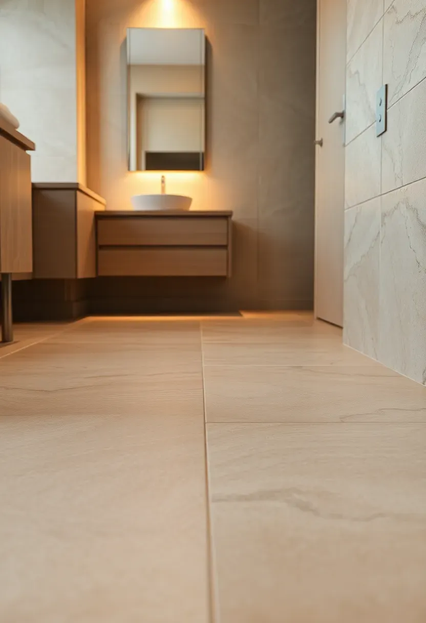 Heated stone tile floor in a modern luxury bathroom with large-format natural stone tiles and radiant warmth underfoot