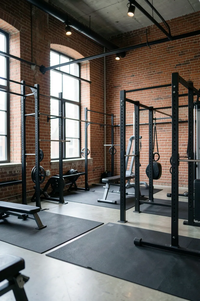 Industrial style home gym with exposed brick wall, black pipe lighting, open metal shelving, and power rack